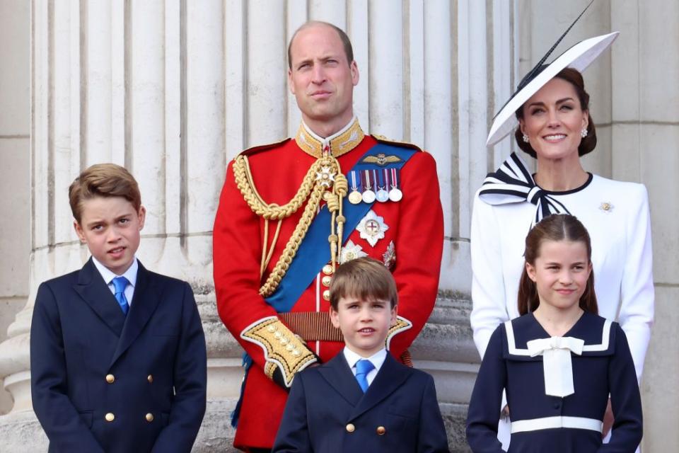 london, england june 15 prince george of wales, prince william, prince of wales, prince louis of wales, princess charlotte of wales and catherine, princess of wales during trooping the colour at buckingham palace