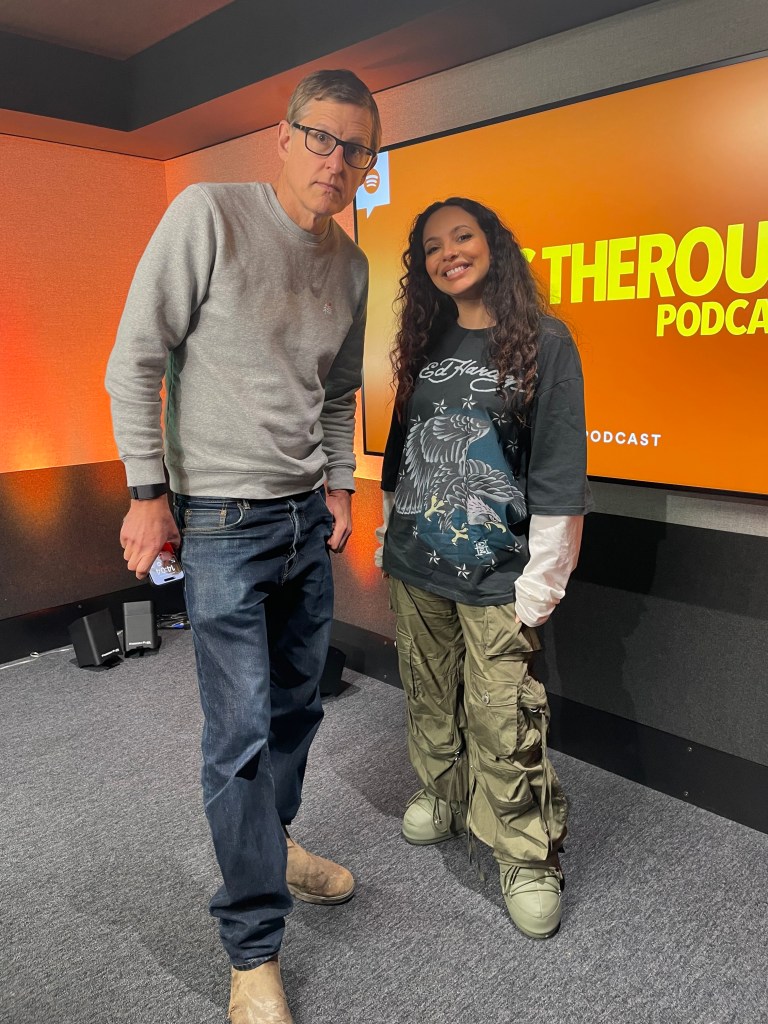 Louis Theroux and Jade Thirlwall in a podcast studio