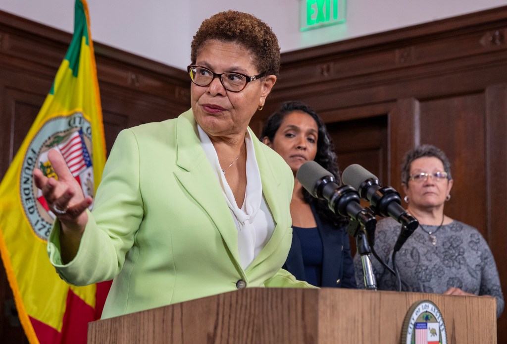 Los Angeles Mayor Karen Bass, left, speaks at a news conference alongside Councilmember Nithya Raman, center and Mercedes Marquez, chief of housing and homelessness solutions, right, to raise awareness for tenant rights and resources ahead of the COVID rent debt repayment deadline on Aug. 1 at City Hall on Monday, July 31, 2023 in Los Angeles.