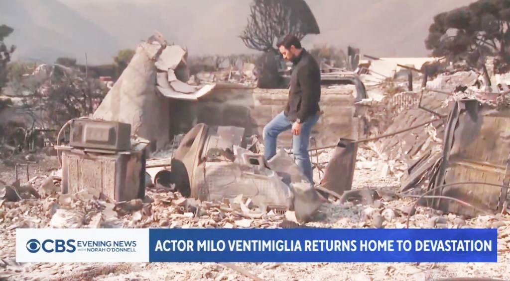 Milo Ventimiglia visits the remains of his Malibu home, which burned down in the Palisades Fire.