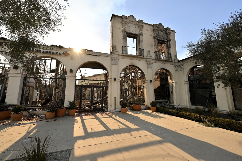 View of damaged structures and homes caused by the Palisades Wildfires in the Pacific Palisades neighborhood of Los Angeles on January 11, 2025.