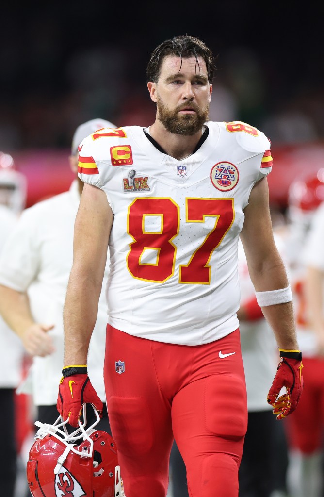 Travis Kelce #87 of the Kansas City Chiefs walks off the field at half time against the Philadelphia Eagles during Super Bowl LIX at Caesars Superdome on February 09, 2025 in New Orleans.