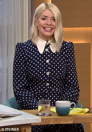 Holly presenting in polka dots on This Morning in 2021