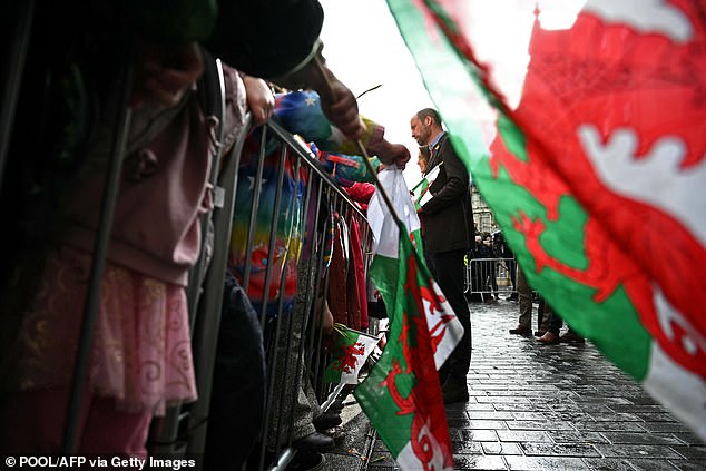 Excited royal fans brought Welsh flags - as they greeted the Prince and Princess of Wales this afternoon