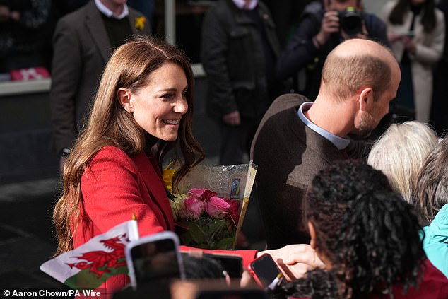 As the sun shone down on the couple, they chatted with crowds and shook hands, greeted with Welsh flags