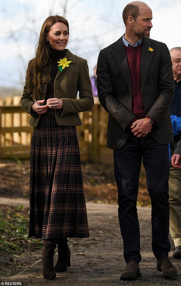 Kate took off her red coat - revealing a chic turtleneck and Gucci skirt - as she and William arrived at the Meadow Street Community Garden and Woodland in Pontypridd