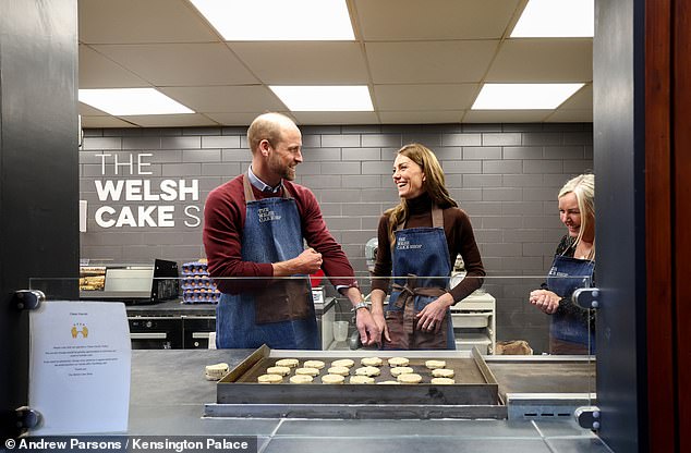 The Prince and Princess of Wales pictured during a visit to Pontypridd Market where they met local business owners and had the opportunity to turn their hand to preparing Welsh cakes