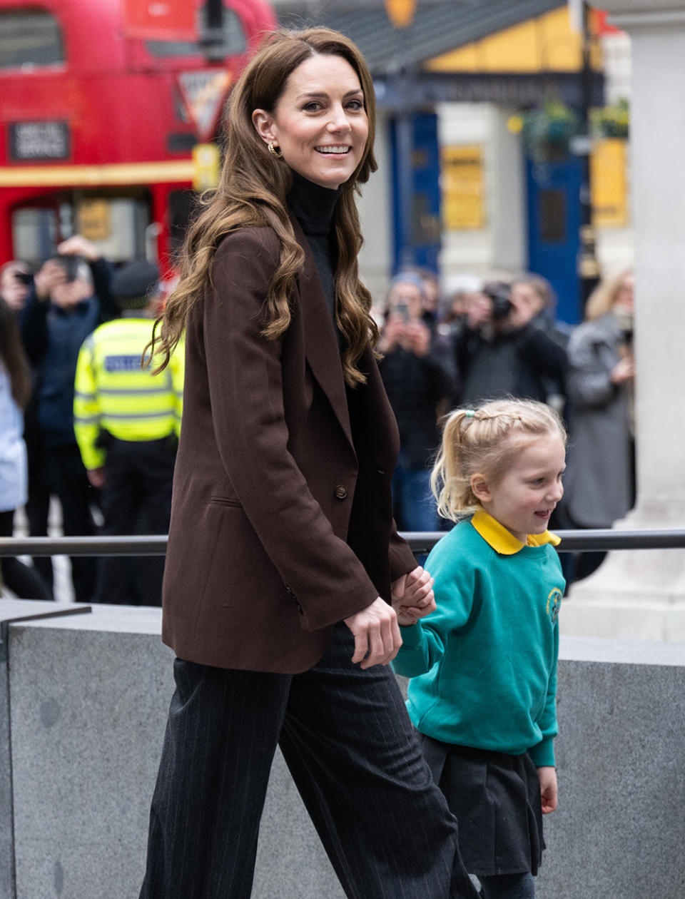 Kate Middleton, Princess of Wales visits The National Portrait Gallery on Feb. 4 in London, brown blazer, turtleneck, pinstripe pants