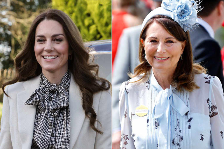 RICHARD POHLE/POOL/AFP via Getty; Max Mumby/Indigo/Getty (Left) Kate Middleton visits Ty Hafan in Sully, Wales on Jan. 30, 2025; (Right) Carole Middleton at Royal Ascot on June 19, 2024