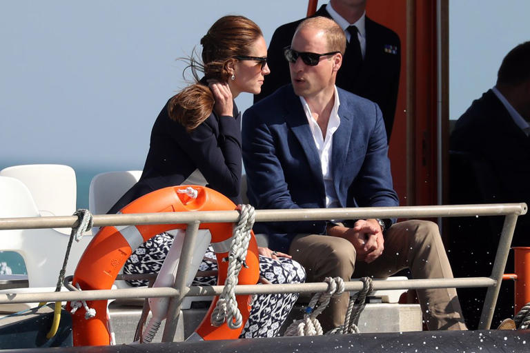 Prince William, Duke of Cambridge and Catherine, Duchess of Cambridge leave Tresco on 'Pegasus' during a visit to the Iscles of Scilly in Cornwall on September 2, 2016 in Tresco, England.