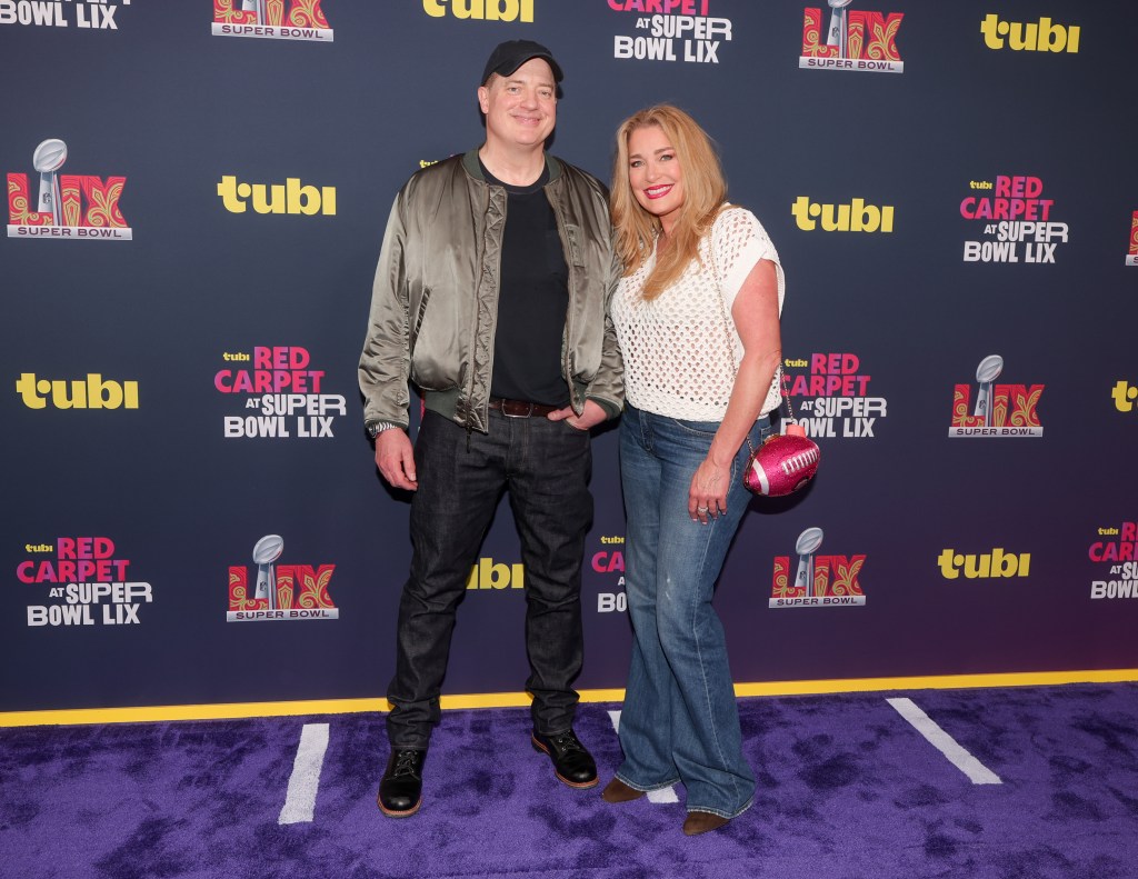 Brendan Fraser and Jeanne Moore attend Superbowl LIX