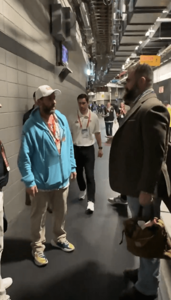 Adam Sandler and Jason Kelce chat before Superbowl LIX.