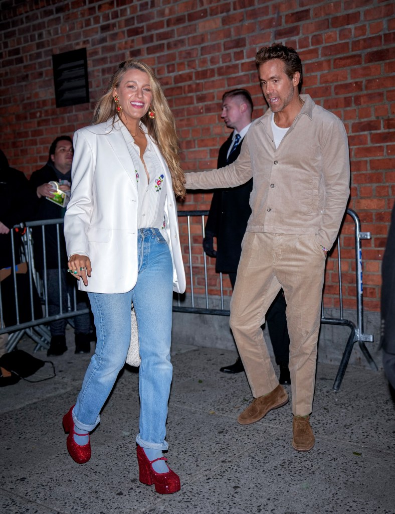 Blake Lively and Ryan Reynolds arrive at a screening of "Wicked" on December 3, 2024 in New York City.