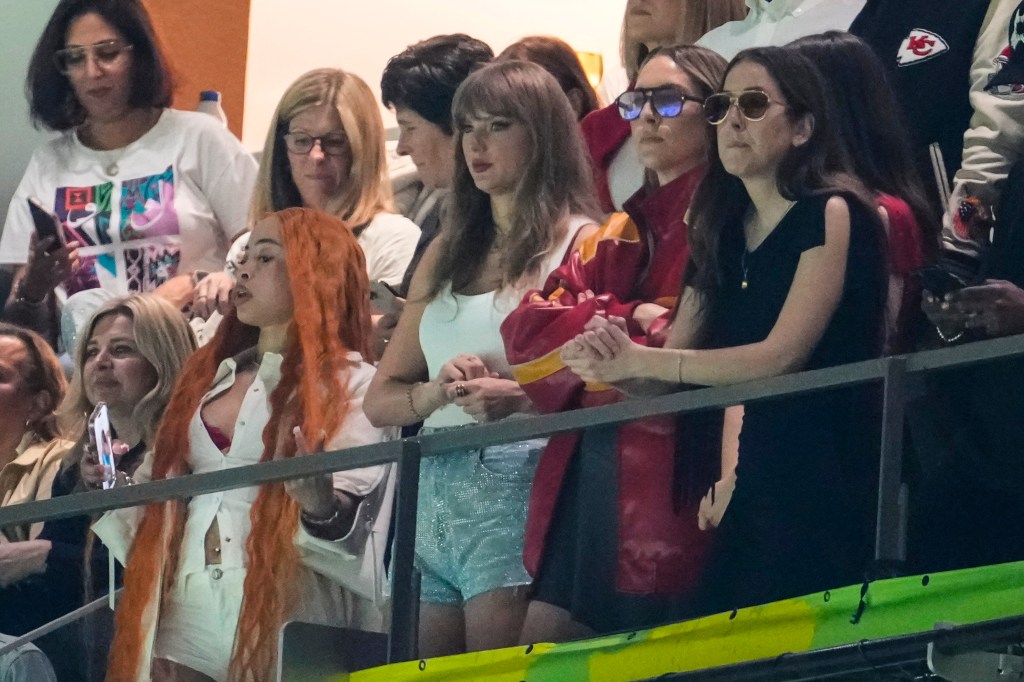 Ice Spice, from left, Taylor Swift, Este Haim and Alana Haim watch during the first half of the NFL Super Bowl 59 football game between the Kansas City Chiefs and the Philadelphia Eagles, Sunday, Feb. 9, 2025, in New Orleans.