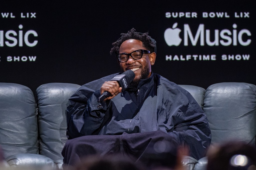 Kendrick Lamar speaks onstage during the Super Bowl LVIX Pregame & Apple Music Super Bowl LVIX Halftime Show Press Conference at Ernest N. Morial Convention Center on February 06, 2025 in New Orleans, Louisiana