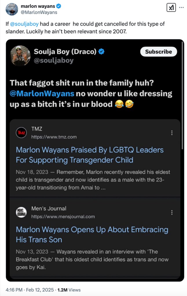 Marlon Wayans fires back at Soulja Boy for calling actor's trans son a homophobic slur.