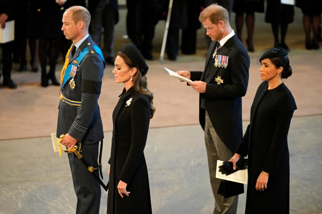 Prince William and Kate Middleton with Prince Harry and Meghan Markle at Queen Elizabeth II's funeral in 2022.