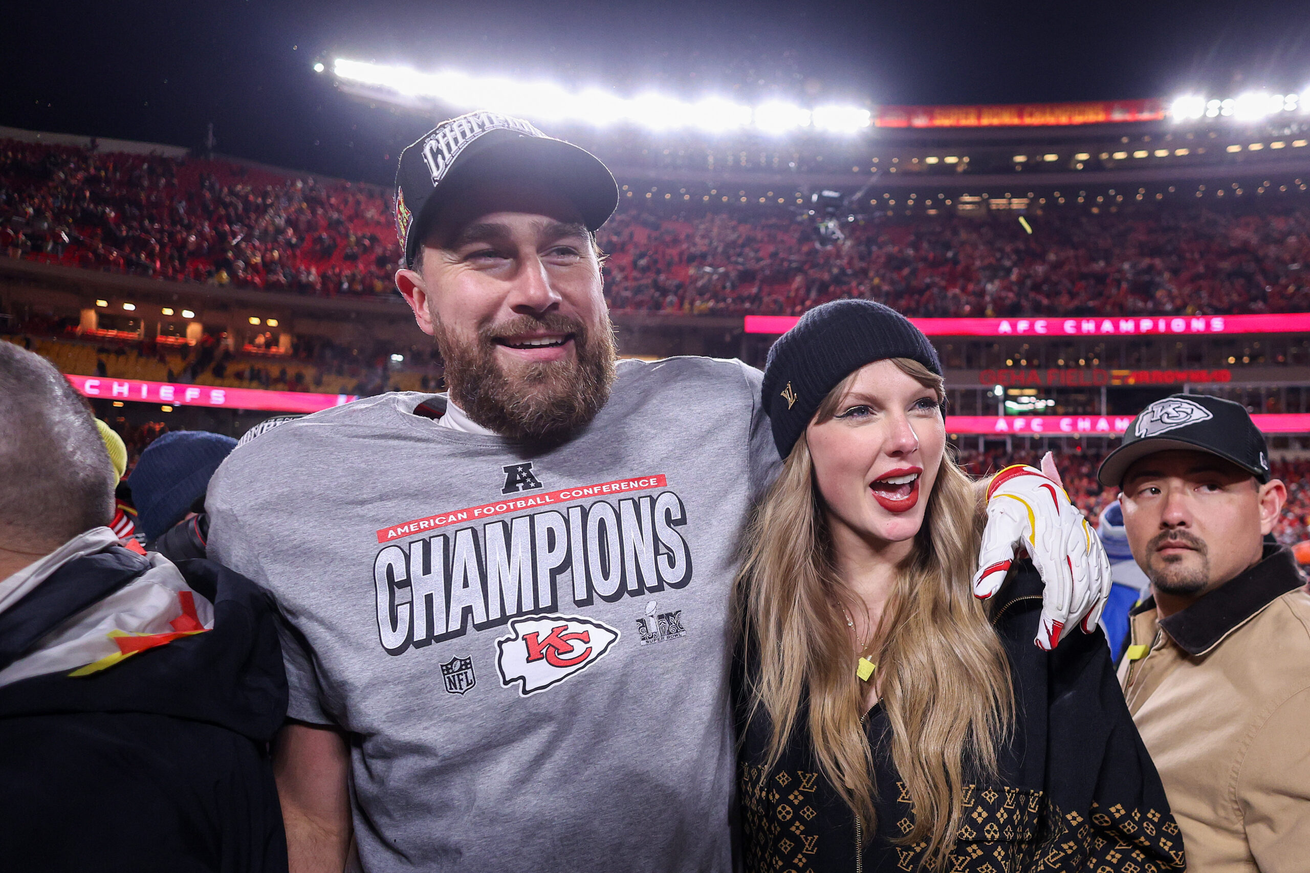 Travis Kelce and Taylor Swift at the NFC Championship game in 2025.