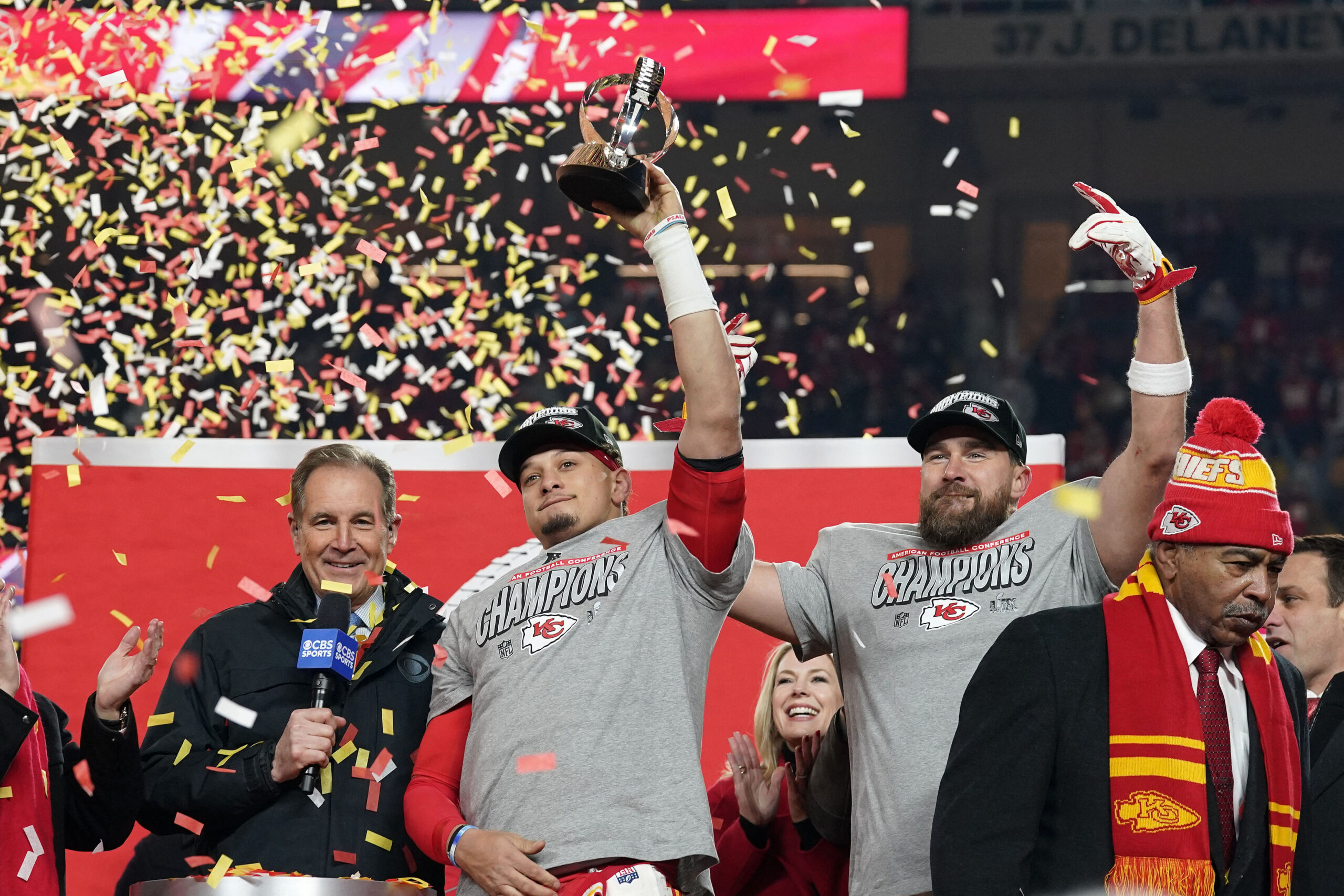 The Chiefs celebrating their Super Bowl win.