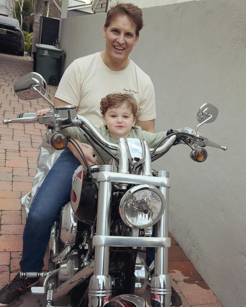 Peter Facinelli and his son Jack on a motorcycle.